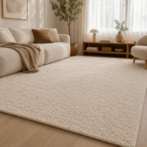 Tappeto acustico Professional Calm beige inserito in un soggiorno luminoso, con pelo fitto e morbido, abbinato ad arredi dalle tonalità calde e naturali.