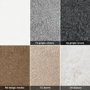 tappeto-silent-colori-disponibili Campionario colori del tappeto Silent con varianti grigio chiaro, grigio scuro, beige medio, burro e bianco.